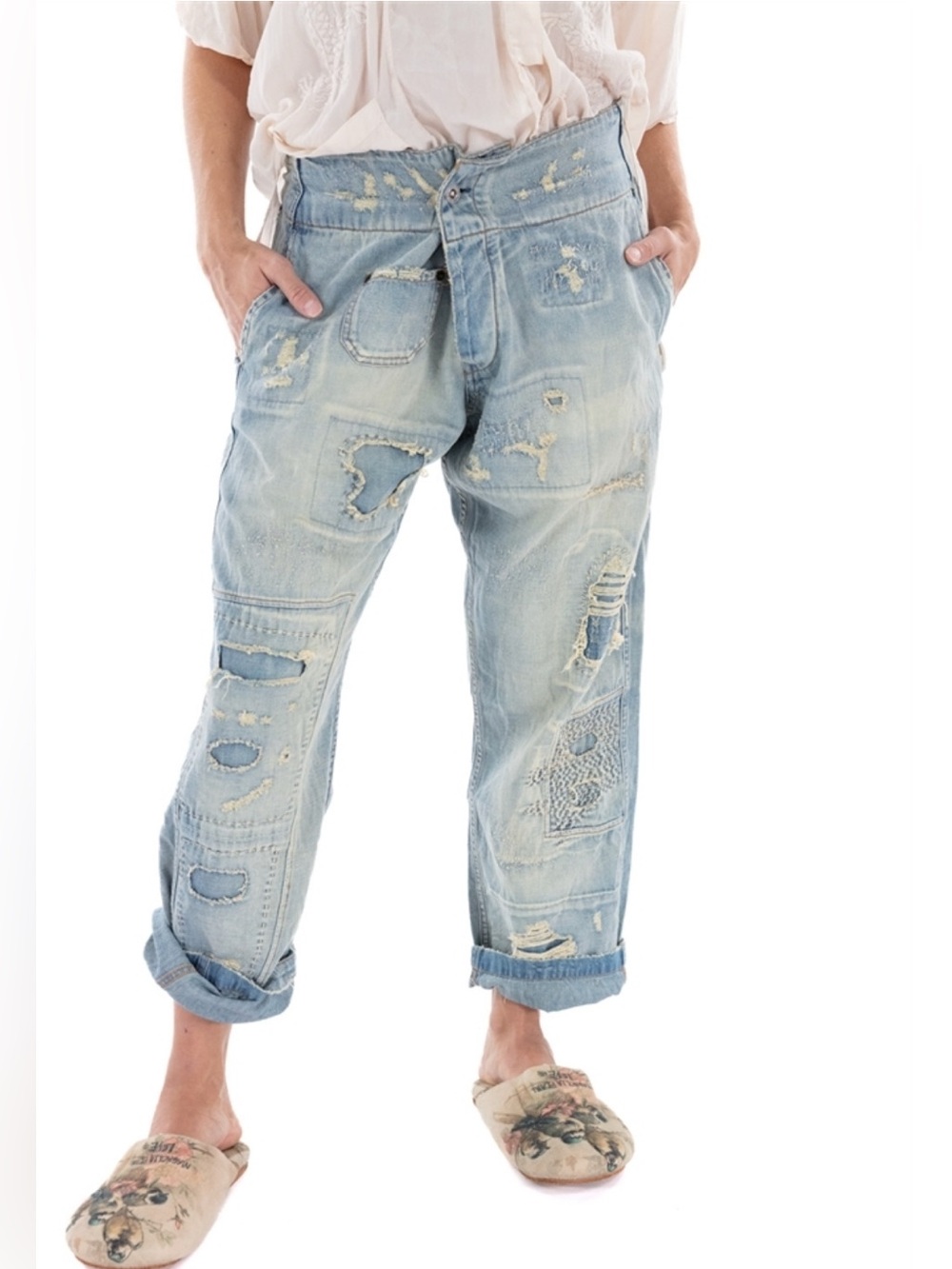 Magnolia Pearl georgie cotton denim distressed jeans distressing patching mended